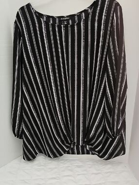 Roz & Ali Black and White Vertical Stripe Twist-Front Blouse